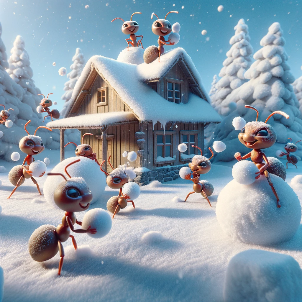 Ants in winter playing in snow