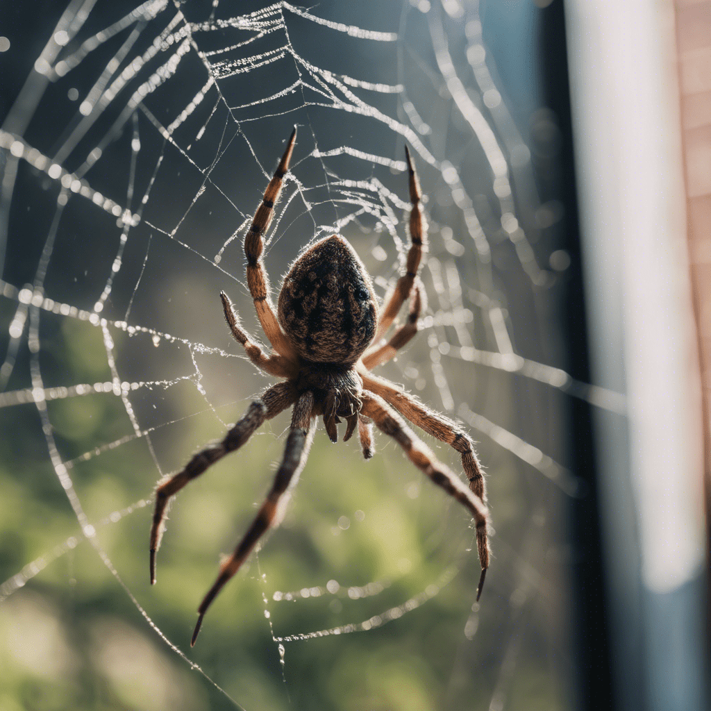 A closeup of a wolf spider spinning a spider web outside a window of a home 