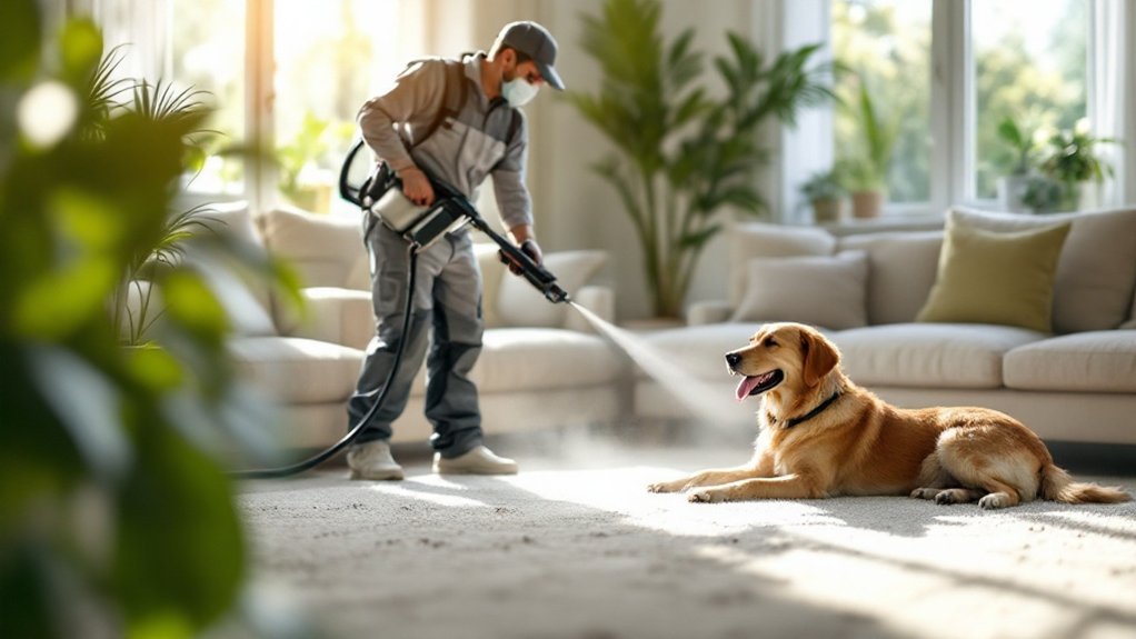 An AI image of a professional flea control and a dog on the carpet