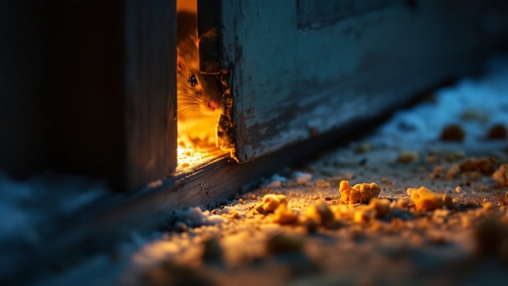 a mouse looking through a small gap in a wall