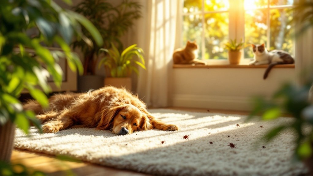 A dog sleeping on the rug and cats near a window