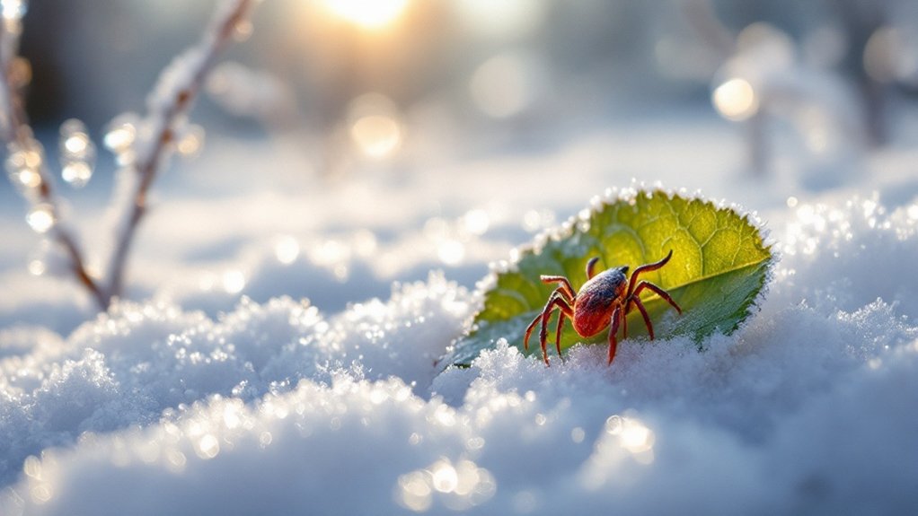 Image of a tick on a leaf in the snow. temperature affects tick behavior