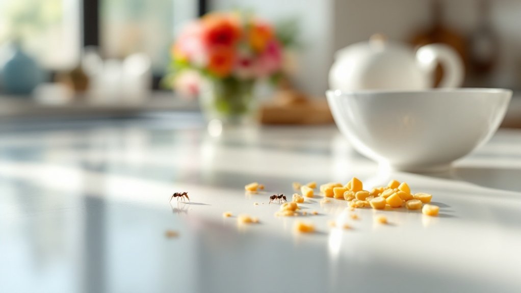 clean home prevents ants. ants on kitchen counter. AI image