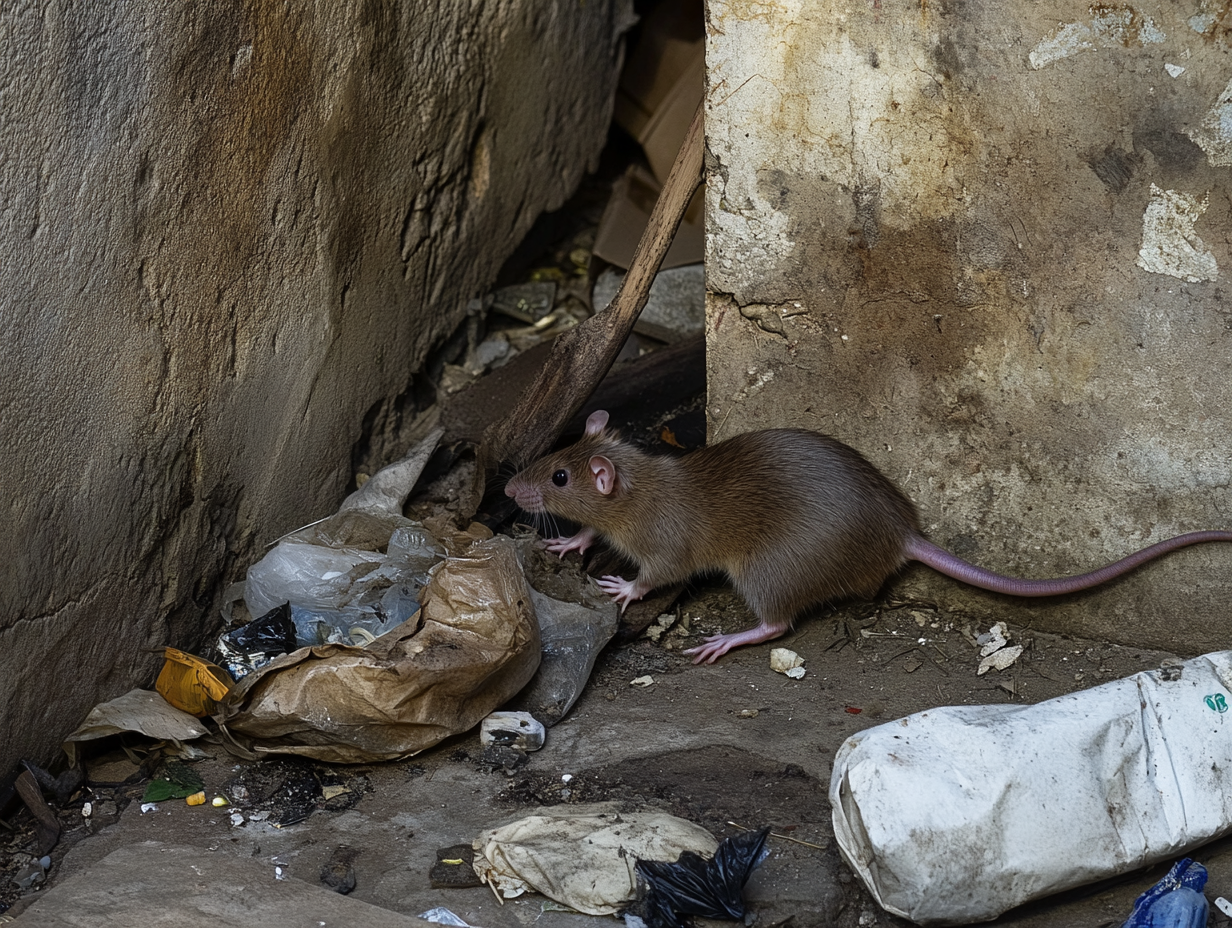 an image of a rat in washington dc looking for food around trash in an alley